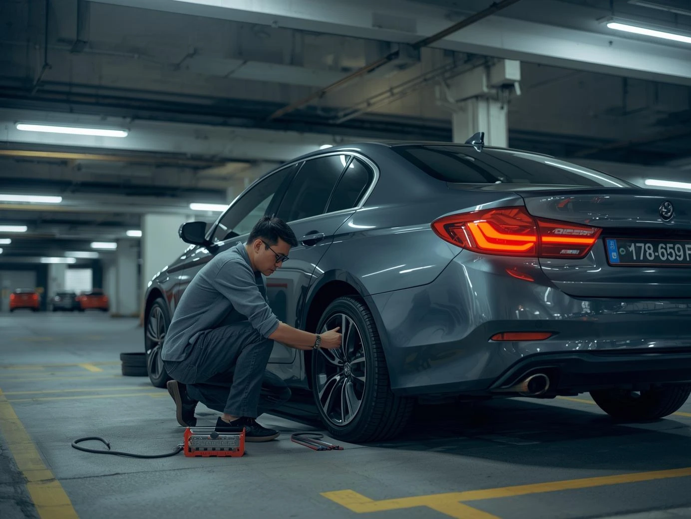 Singapore driver ensuring tyre safety before driving