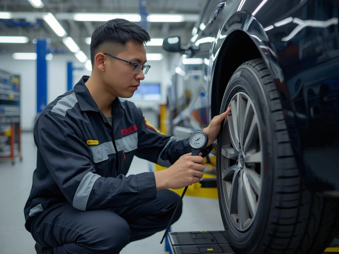 Mechanic checking tyre safety in Singapore shop