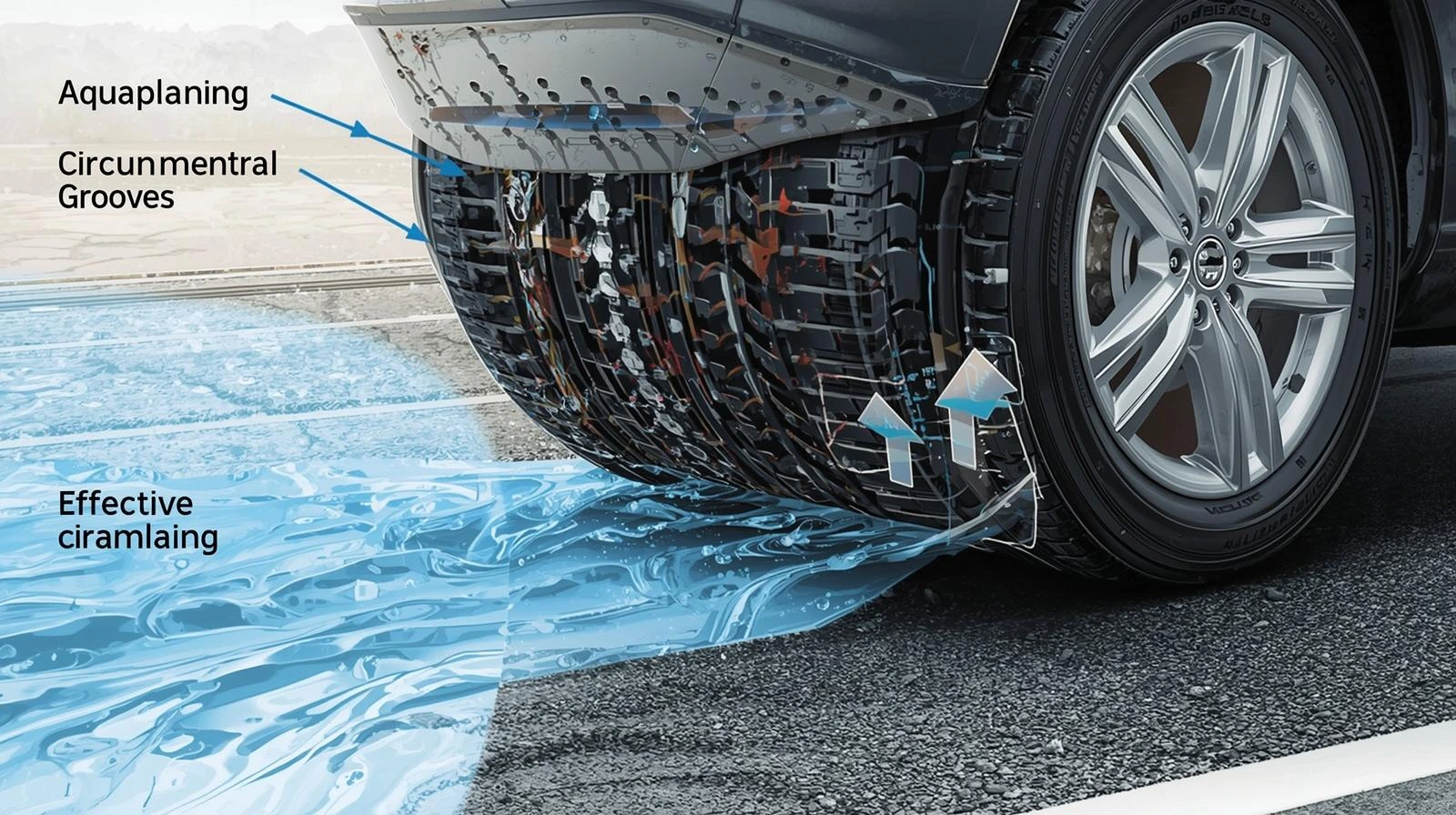 Diagram of tyre water evacuation and aquaplaning risk