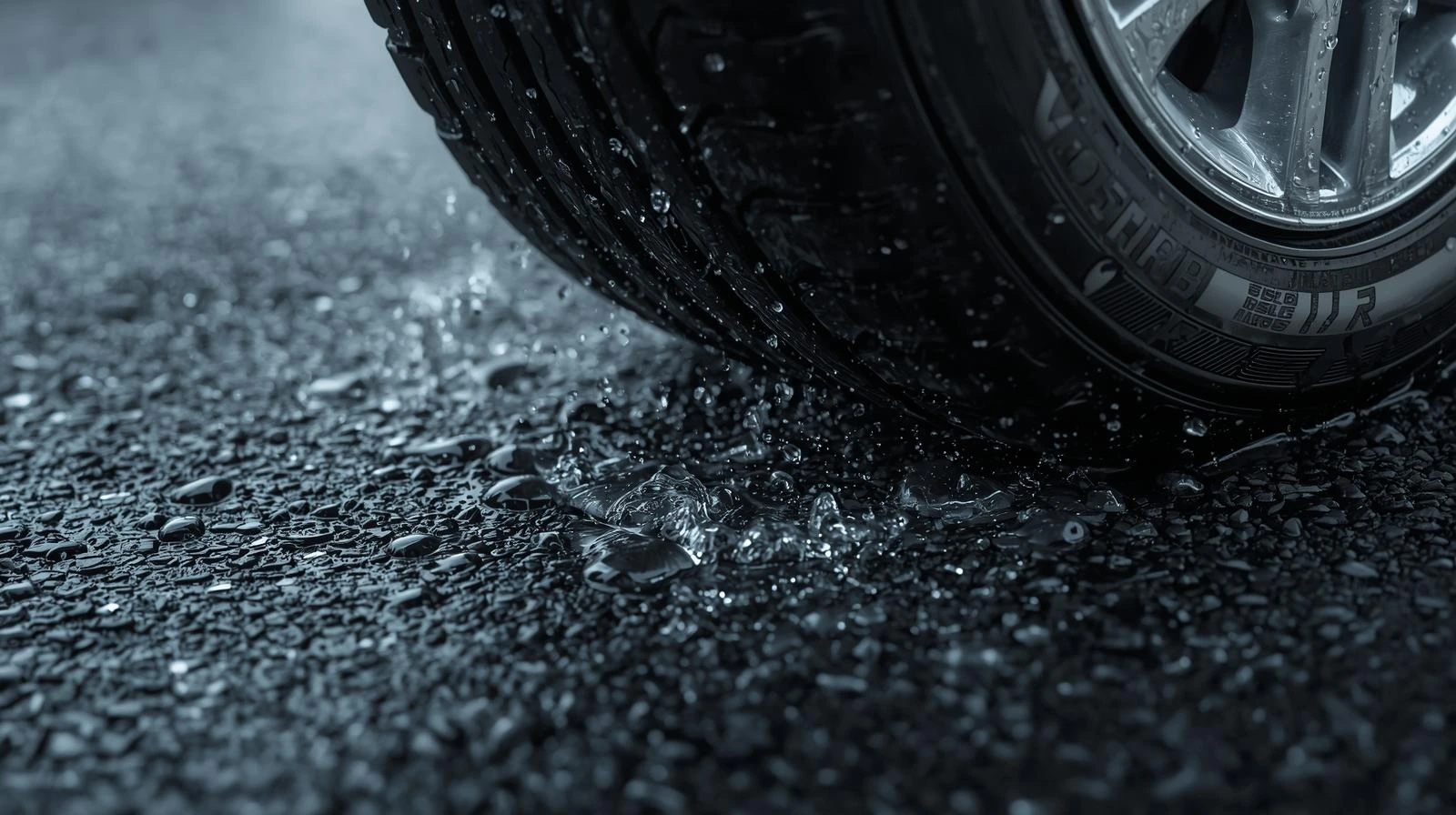 Close-up of tyre grooves channeling water on wet asphalt